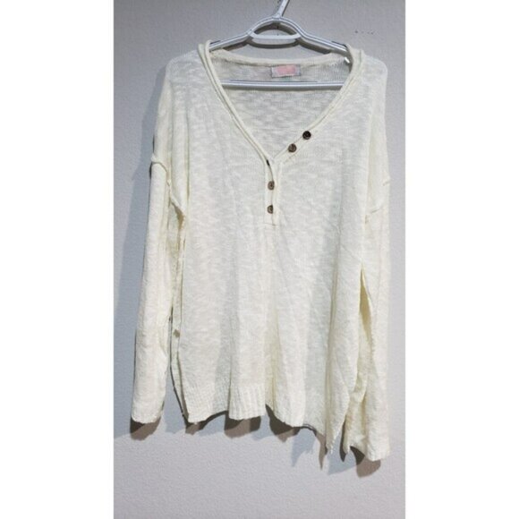 CDM women's open knit cream ivory sweater relaxed fit oversized 1/4 button Large - Picture 1 of 6